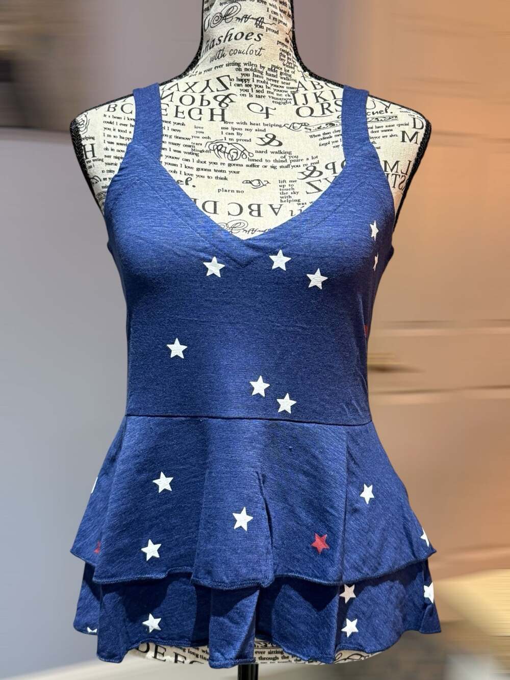 Chaser Star Print Peplum Tank Top XS NWT Patriotic Red White Blue Ruffle Hem
